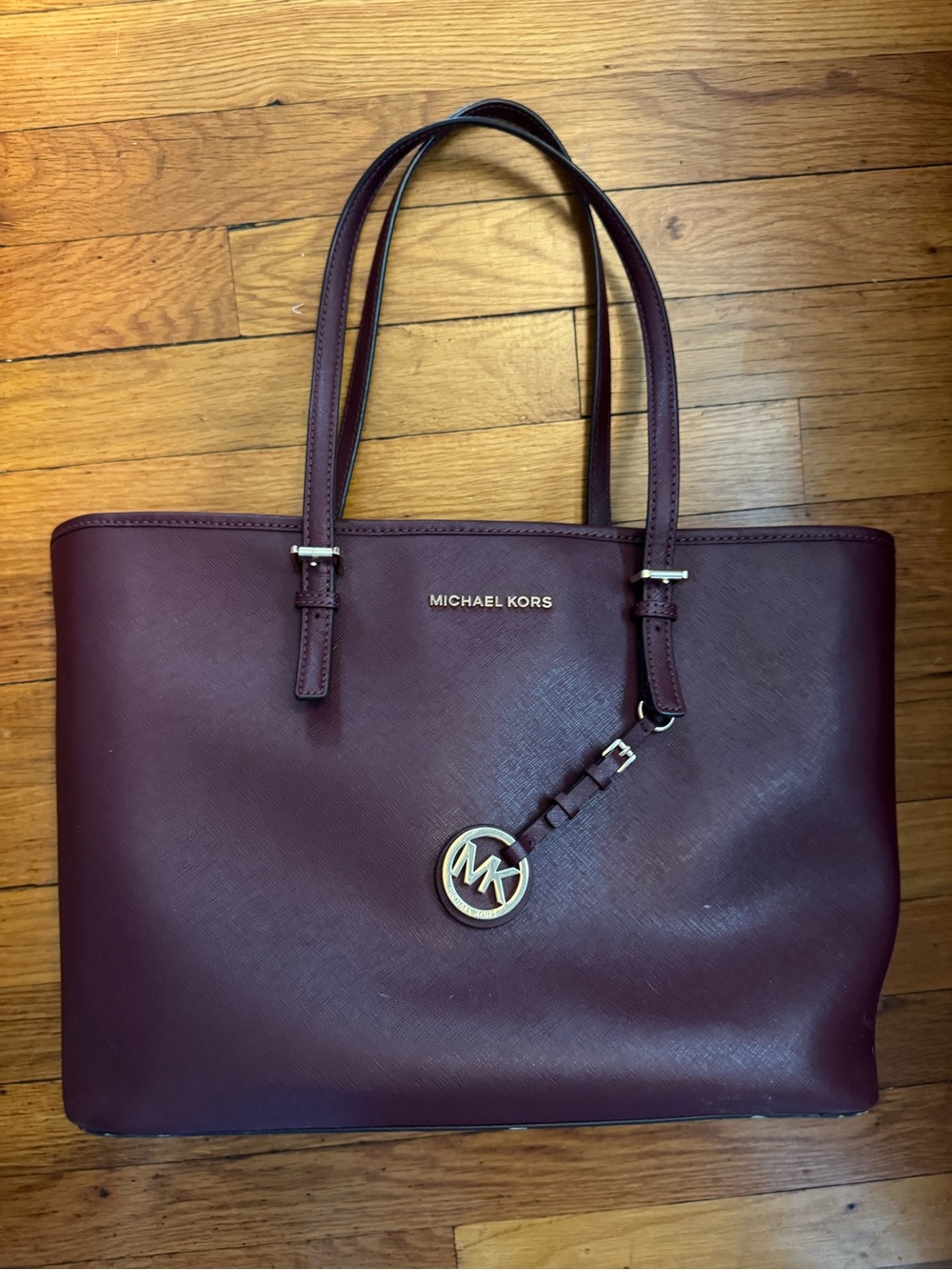 Michael Kors Wine Leather Shoulder Tote with MK Charm
